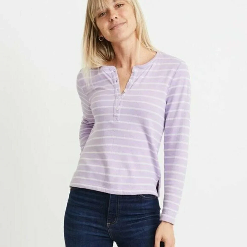 Marine Layer Henley Sweatshirt Womens L Purple Striped Long Sleeve Casual NWT